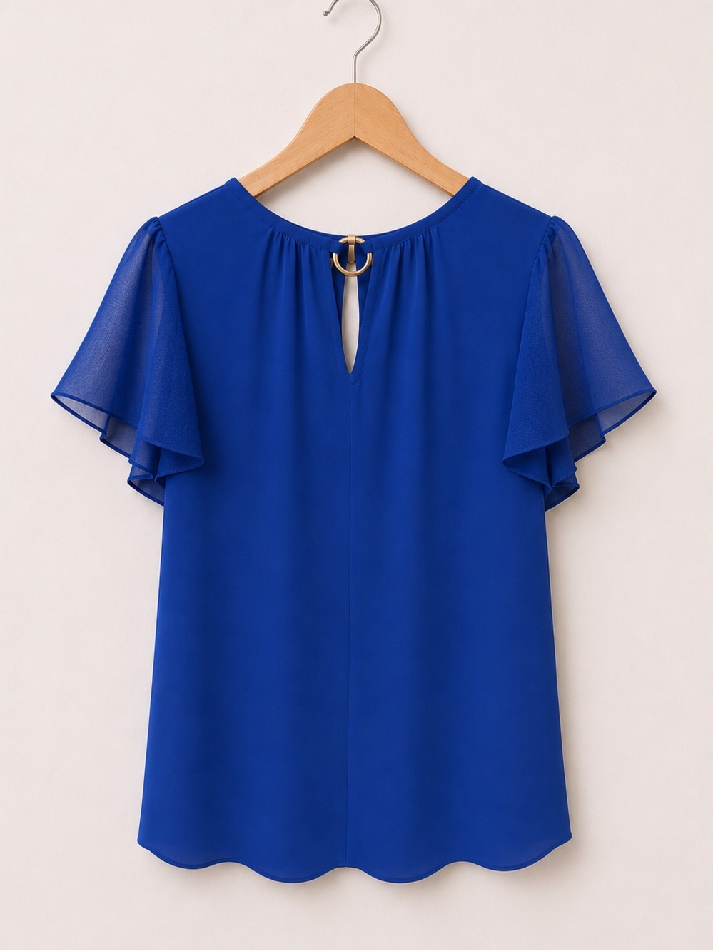 Fortune + Ivy Royal Blue Flutter Ruffle Short Mesh Sleeve Keyhole Cutout Blouse